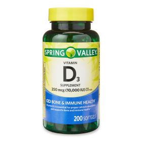 Spring Valley Vitamin D3 Bone & Immune Health Dietary Supplement Softgels, 250 mcg (10,000 IU), 200 Count
