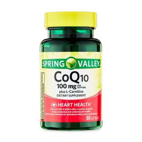 Spring Valley CoQ10 plus L-Carnitine Heart Health Dietary Supplement Softgels, 100 mg, 50 Count