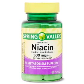 Spring Valley Niacin Inositol Hexanicotinate Metabolism Support Dietary Supplement Capsules, 500 mg, 60 Count