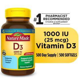 Nature Made Vitamin D3 1000 IU (25 mcg) Softgels;  Bone and Immune Support;  500 Count