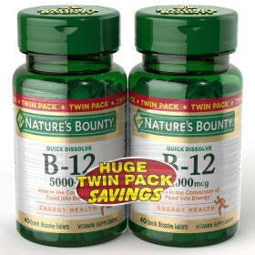Nature's Bounty Vitamin B12 Supplement;  5000 mcg;  40 Count;  Pack of 2