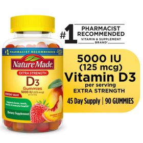 Nature Made Extra Strength Vitamin D3 5000 IU (125 mcg) Gummies;  90 Count (Brand: Nature Made)